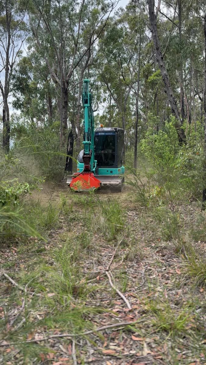 Madden Earthworks excavator with forestry mulcher cutting a bush trail