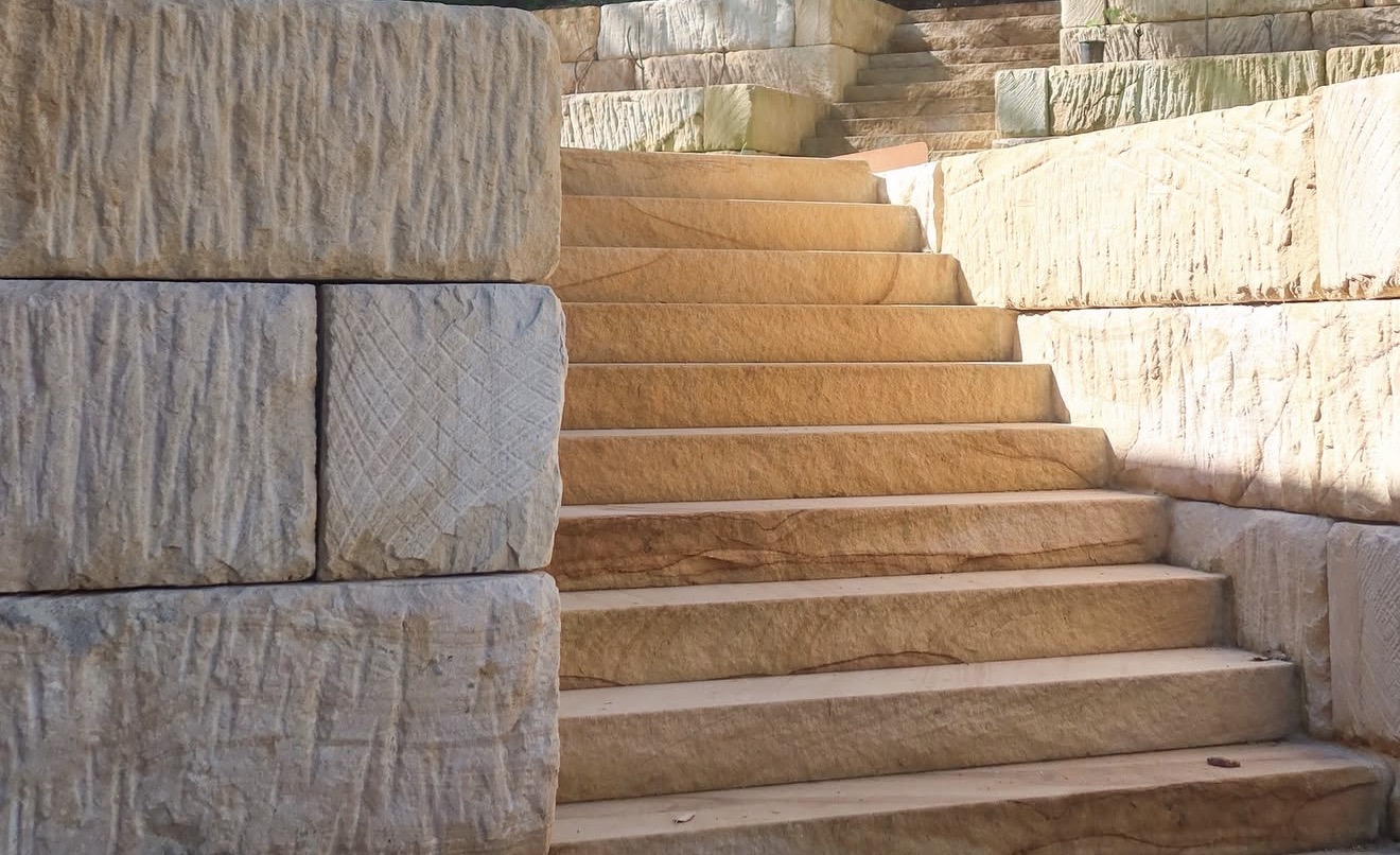 Close-up detail of natural sandstone block texture and steps - Hawkesbury NSW
